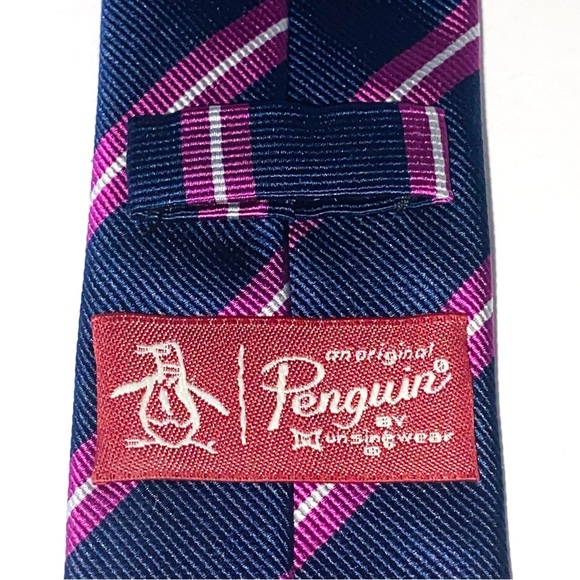 Original Penguin 100% Silk Navy & Purple Stripe Skinny Neck Tie - Picture 6 of 7